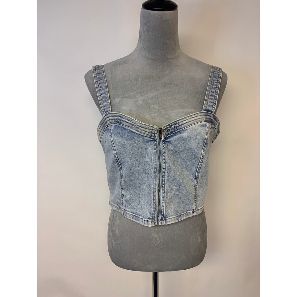 Wild Fable Corset Bustier Cropped Denim Acid Wash Bohemian Festival Womens SZ L